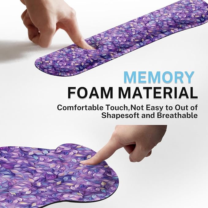 Ergonomic Mouse Pad Set with Wrist Rest, Purple Leaves | Oil Painting Non-Slip Rubber Base Wrist Cushion Support and Coasters Mousepad with Wrist Support for Computer Keyboard