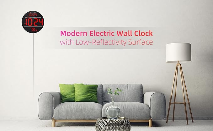Digital Wall Clock with Large LED Display, Date, Temperature, Auto-Brightness | Small [PLUG-IN] Clock | Modern Electric Wall Clock for Bedroom, Classroom, Living Room, Home, Office, Farmhouse – Red