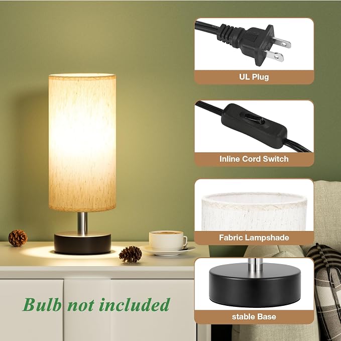 PartageiZ Small Table Lamp for Bedroom - Bedside Lamps for Night Stands | Bulb not Included | Minimalist Desk Lamp | Linen Fabric Shade | for Living Room | for Dorm | 11.6" Inline Control