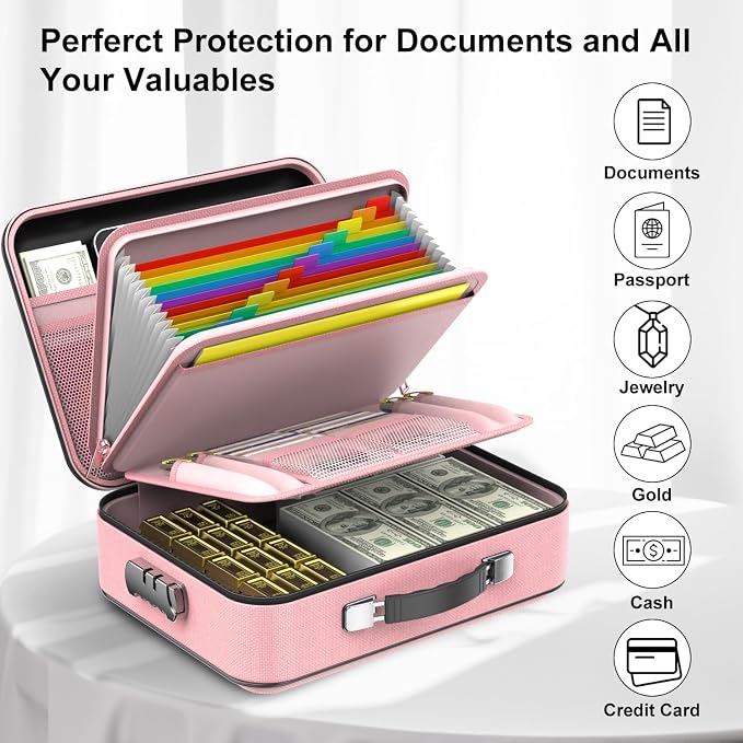 Fireproof Document Organizer with Lock, Hard Fireproof Document Box | Hard-Shell Fireproof Waterproof Document Box with Combination Lock Pink