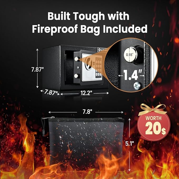 Safe Box for College Dorm Room with Fireproof Waterproof Bag, Money Safe with Keys & Pass Code & Wall Mount Kits, Hidden Home Safe for Money, Jewelry, and Documents-0.5 Cubic Feet