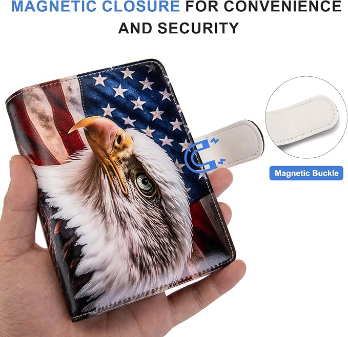 Passport Holder for Travel Essentials, RFID Blocking Passport Wallet Cover with Magnetic Closure, Passport Book Holders for Women and Men (American Flag Bald Eagle)