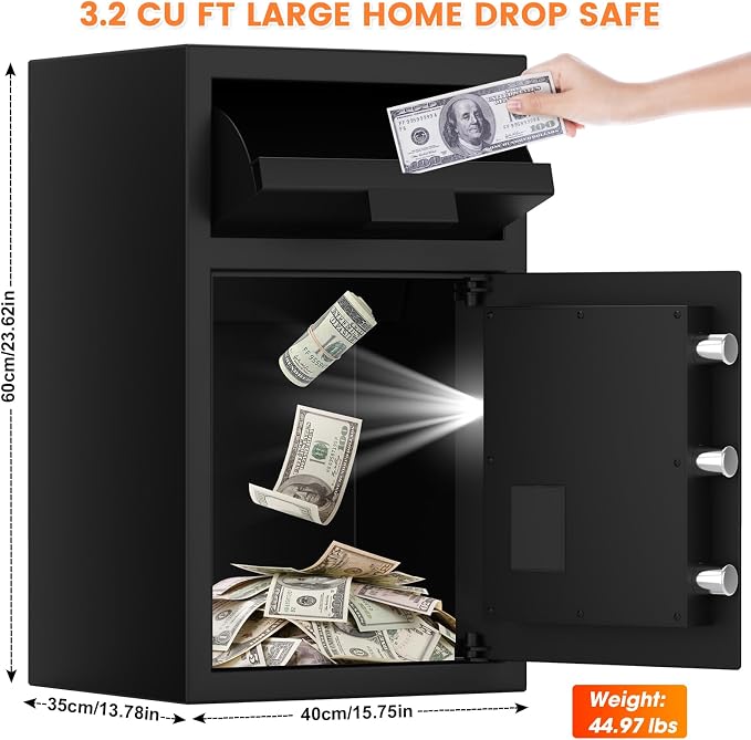 3.2 cu ft Fireproof Safe Boxwith Lockable Drawer, Anti-Theft Safe Deposit Box with Combination Lock & 2 Backup Keys, Heavy Duty Depository Safe Box for Business Home Office