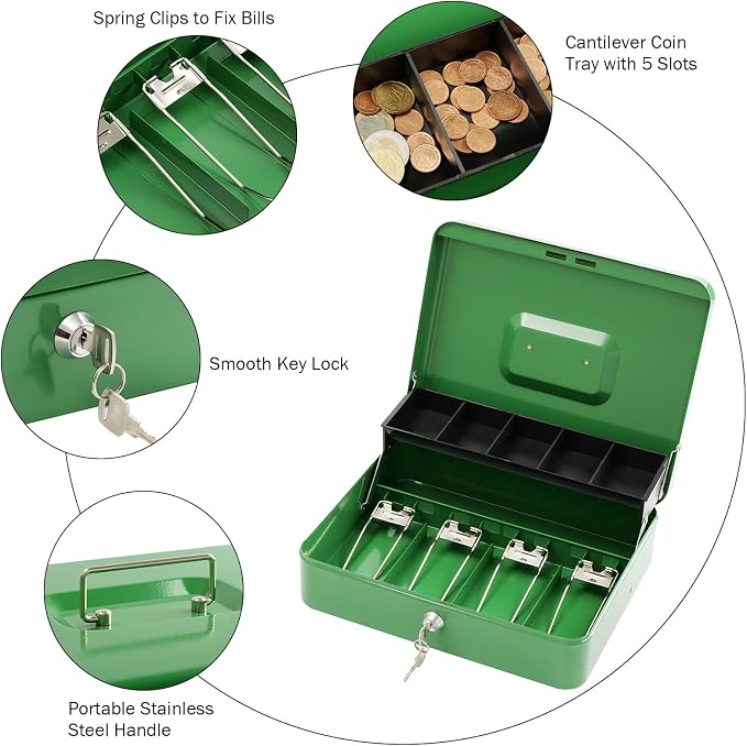 Cash Box with Lock Key and Money Tray - Large Money Box for Cash Register, Metal Lock Box for Money Safe 11.8" x 9.4" x 3.54" Green