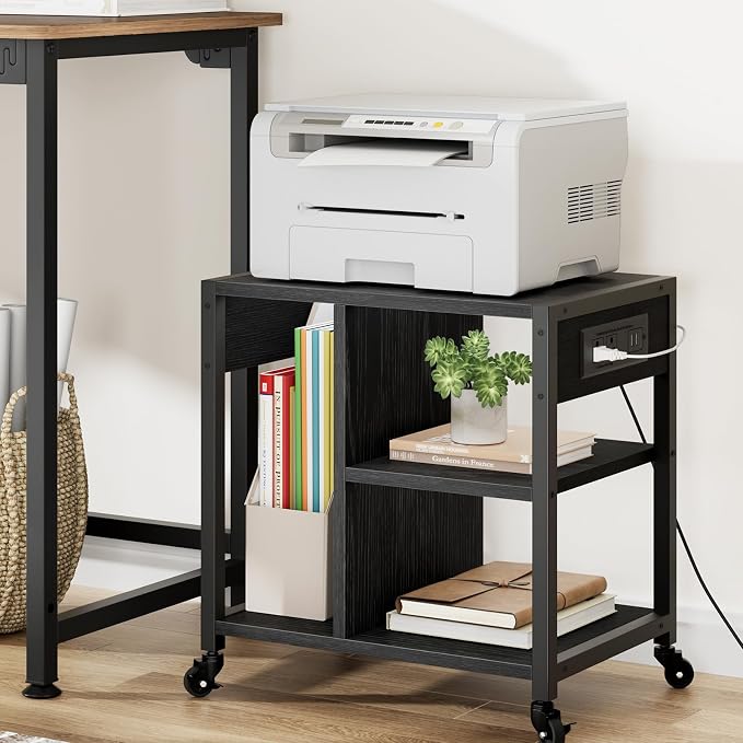Garvee 3-Tier Printer Stand, Rolling Under Desk Printer Cart with Lockable Wheels, Industrial Mobile Printer Table with Power Outlets, USB Ports & Paper Storage Shelf for Home, Office, Retro Black