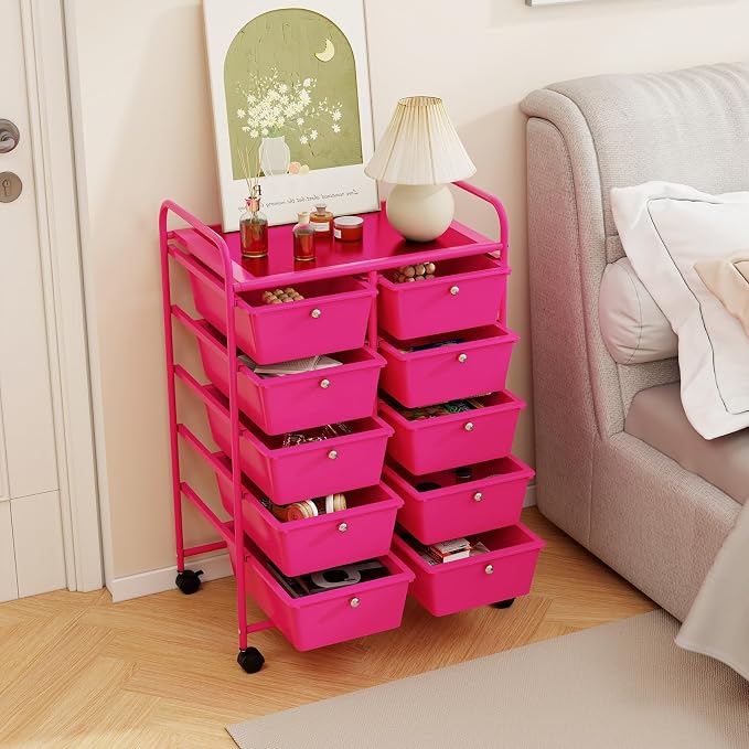 RELAX4LIFE 10-Drawer Rolling Storage Cart - Mobile Craft Art Supply Storage Organizer for Tool Scrapbook Paper Salon, Office School Classroom Teacher Rolling Cart with Drawers, Utility Cart on Wheels