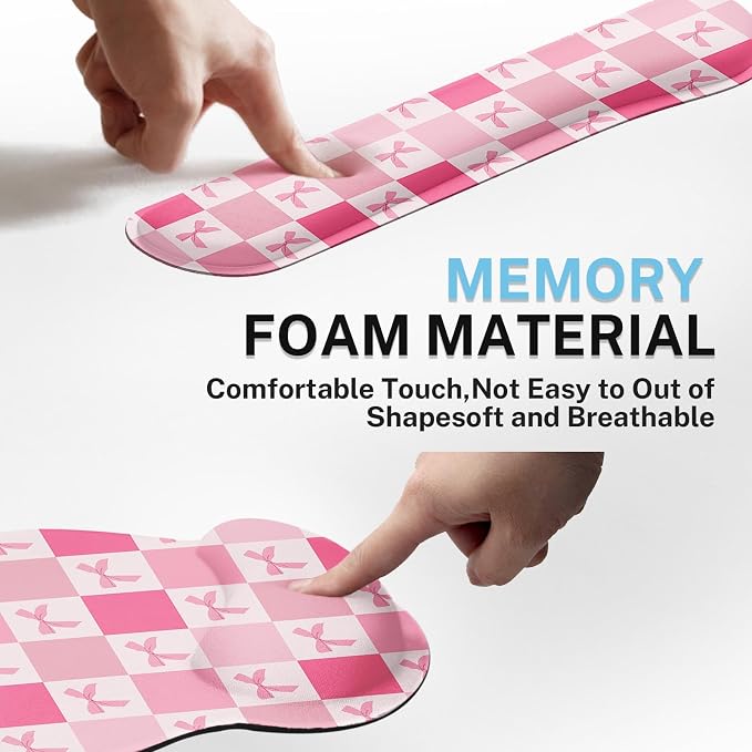 Ergonomic Mouse Pad Set with Wrist Rest, Pink Bow | Checkered Kawaii Non-Slip Rubber Base Wrist Cushion Support and Coasters Mousepad with Wrist Support for Computer Keyboard