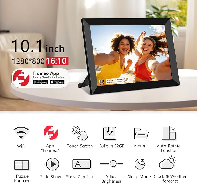 32GB FRAMEO 10.1 Inch Smart WiFi Digital Photo Frame 1280x800 IPS LCD Touch Screen, Auto-Rotate Portrait and Landscape, Built in 32GB Memory, Share Moments Instantly via Frameo App from Anywhere