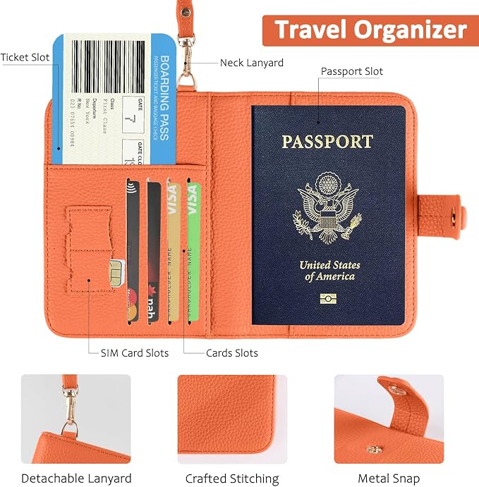 Passport Holder RFID Protected Wallet and Luggage Tag with Protection Cover Travel Accessories Leather Card Case Organizer for Women Men (Orange)