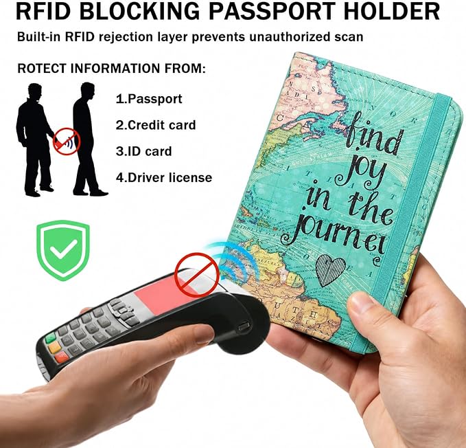 RFID Blocking Passport Holder for Travel – PU Leather Waterproof Lightweight Passport Cover Wallet for Women Men, Travel Organizer with Card Slots for Airline Tickets & Passport Book, Map