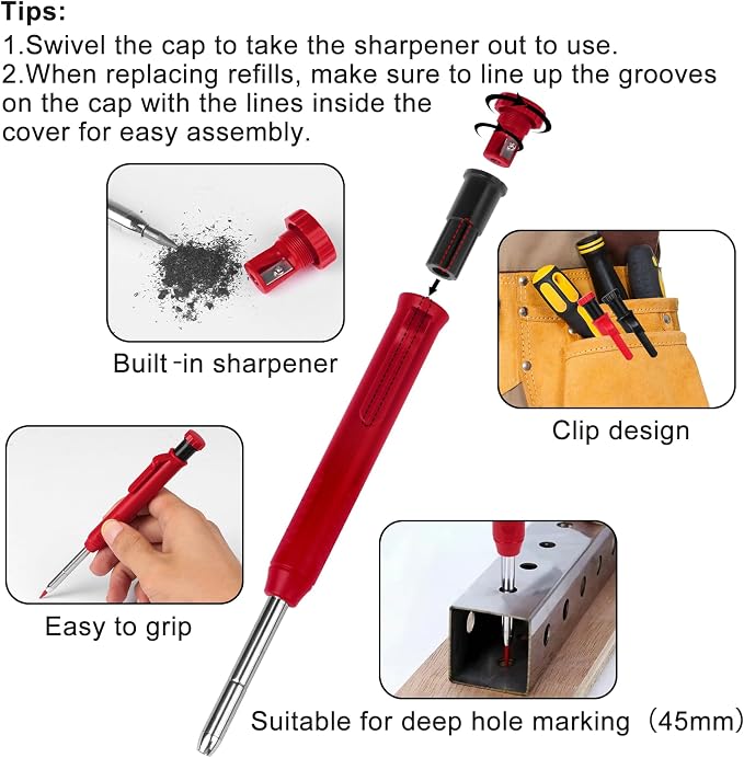 MECHEER 4 Pack Carpenter Pencils Mechanical Pencils with 48 Refills, Construction Pencils with Built-in Sharpener, Long Nib Deep Hole Heavy Duty Woodworking Pencil Marker for Architect (2 Colors)