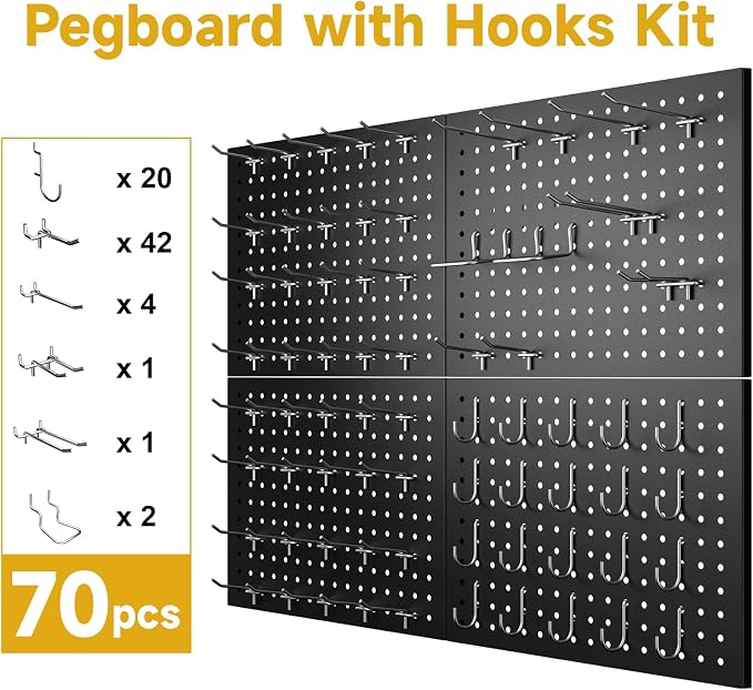 4 Pack Peg Board, 16" x 12" Wall Organizer, Metal Pegboard Panels with 70 Hooks for Walls, Garage, Craft Room, Black