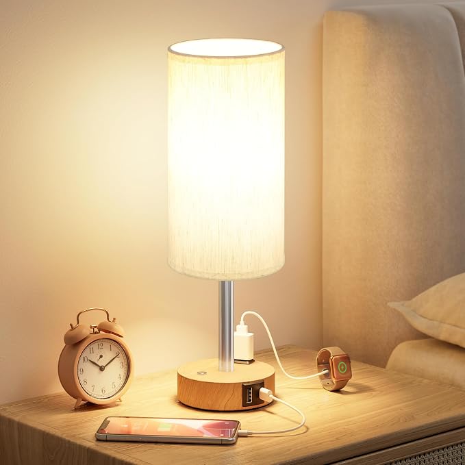 Touch Bedside Table Lamp for Bedroom, Stepless Dimmable, USB A+C, AC Outlet | Base Touch Button Only, Memory Brightness, Ultra-dim Night Light, Included Bulb for Optimal Dimming, Wood Grain Base, Nursery