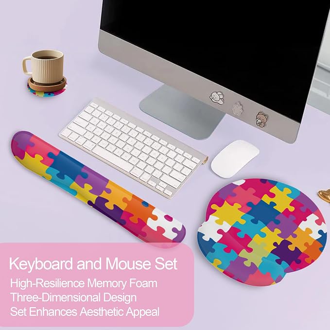 Autism Awareness Puzzle Colorful Keyboard Wrist Rest Pad and Mouse Pad Wrist Support Set,3-in-1 Ergonomic Mouse Pad with Non-Slip Rubber Base for Home Office Game Computers Desk,