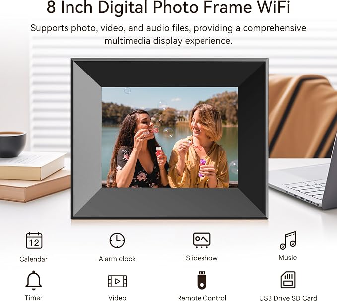 8-Inch Digital Picture Frame with WiFi, Wood Finish Smart Photo Frame HD IPS Touch Screen with 16GB Storage – Easy Photo & Video Sharing from Anywhere – Ideal Gift for Family, Black