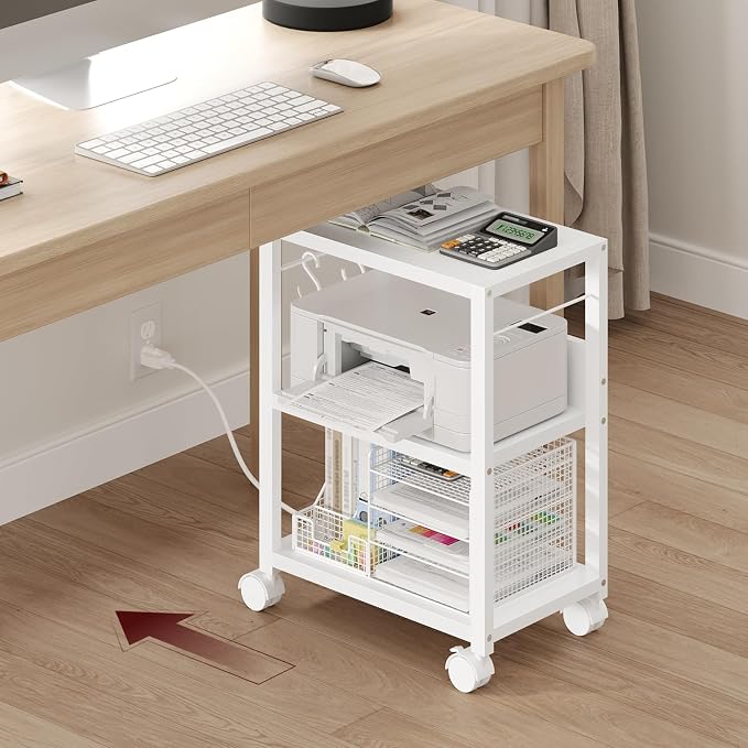 MAHANCRIS Industrial Printer Cart, 3-Tier Mobile Printer Stand, Rolling Cart with 2 AC Outlets and 2 USB Ports, Home Printer Stand with 2 Hooks, for Office, Living Room, White PTWT40E01