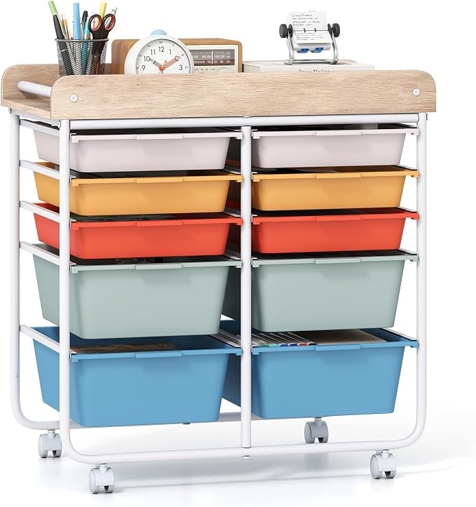 Giantex Rolling Storage Cart with 10 Drawers, Utility Cart w/Wooden Tabletop, Handle, Lockable Wheels, Multipurpose Organizer for Art Craft Scrapbooks Paper, Drawer Carts for School Office, Macaron