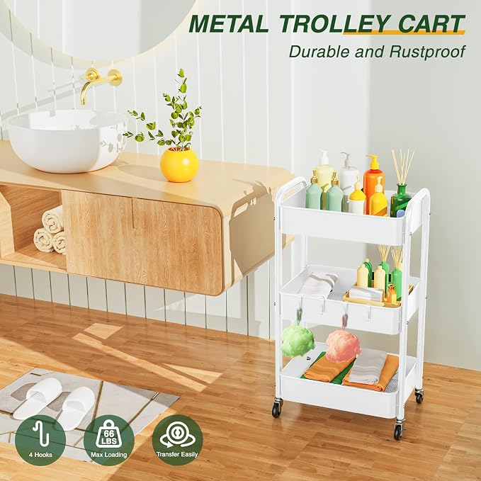 LEHOM 3 Tier Rolling Cart, Metal Rolling Utility Cart with Lockable Wheels | Multi-Functional Heavy Duty Storage Cart Organizer for Bathroom, Kitchen, Office, Living Room, Rolling Storage Trolley