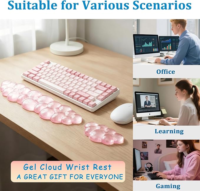 Gel Cloud Wrist Rest Set, Clear Gel Cloud Keyboard Wrist Rest with Non-Slip Base, Ergonomic Wrist Support for Typing Pain Relief, Cute Wrist Pad for Office, Gaming, Computer, Laptop - Pink