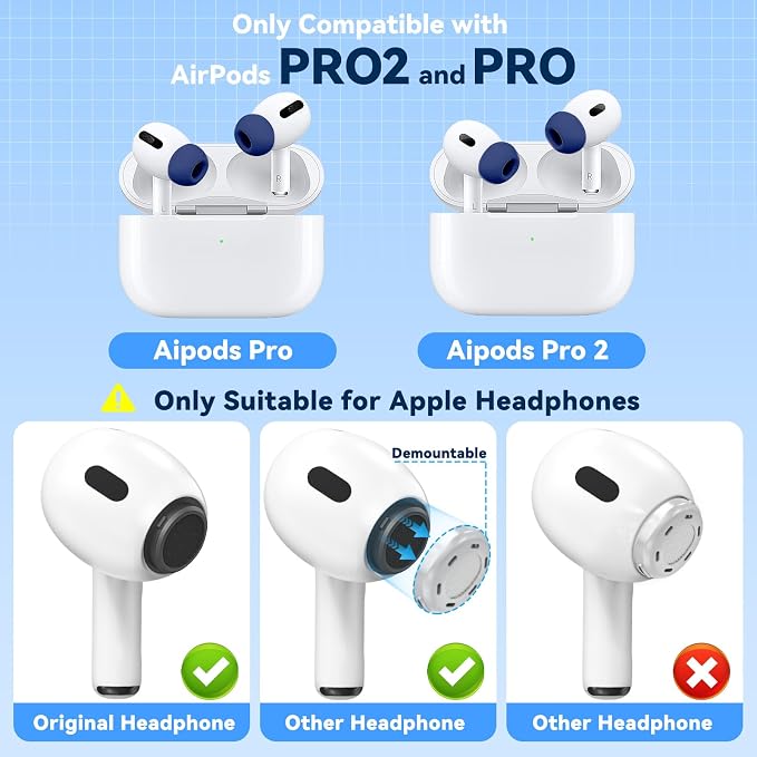 Inesore 4 Pairs Replacement Ear Tips for AirPods Pro 2nd/1st (Dark Blue) | with Noise Reduction Hole & Built-in dust Guard Screen,Silicone,with Portable Storage Box & Cleaner Pen,4 Size (XS/S/M/L)