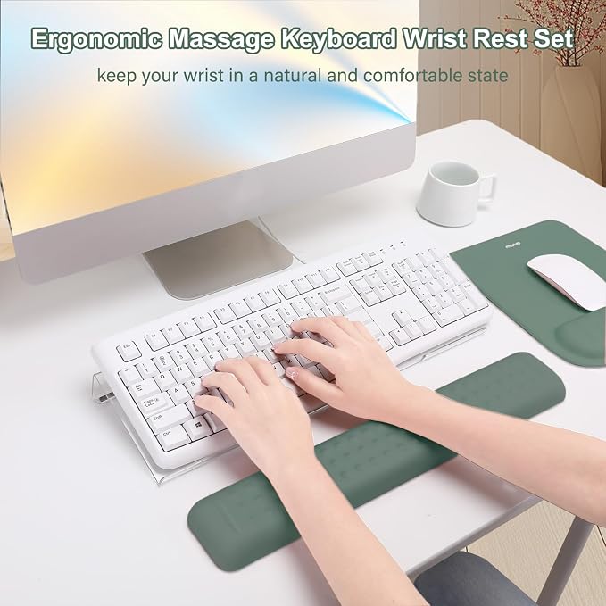 MOSISO Keyboard Stand&Wrist Rest Support for Keyboard &Mouse Pad Set | Ergonomic Massage Wrist Rest Set, Easy Typing Working Acrylic Clear Stand for Office Home, Emerald Green