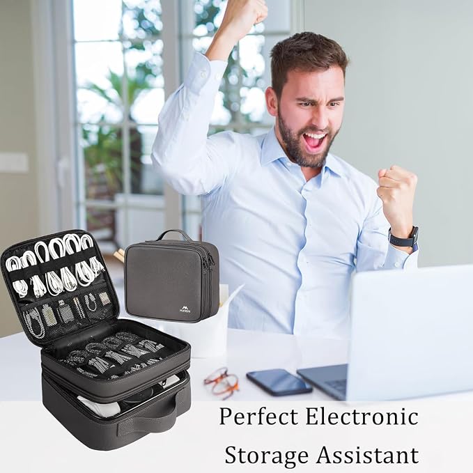 MATEIN Cord Organizer Bag with Adjustable Divider, DJ Electronic Storage | Cable File Bag, Charger Organizer Box, Double Layer, Shockproof, Tech Accessories, Cord Bag Organizer, Double Layer, Grey