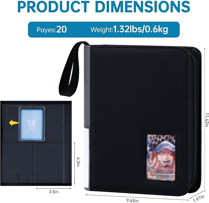 4 Pocket Top Loader Binder with Clear Window, Holds 160 Cards in 3"x 4" Toploaders, Side Loading, for Sports, Anime, MTG, TCG Card Collection, Gray-Black