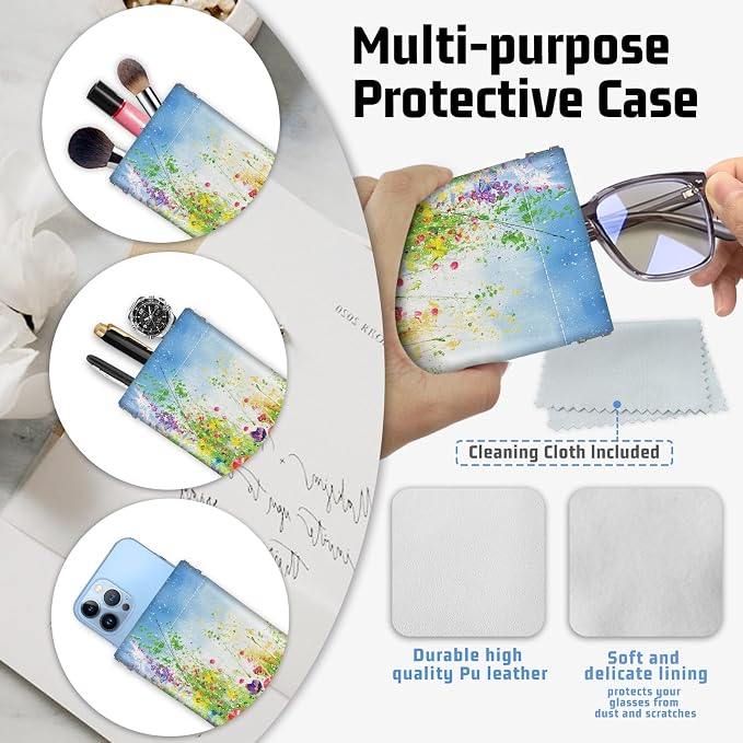 Soft Sunglasses Eyeglass Glasses Case,7x3.5inch Portable PU Leather Squeeze Top Holder Bag Pouch for Women Men