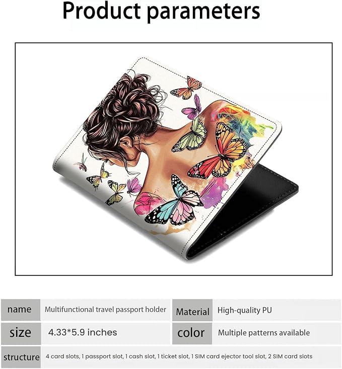 Passport Holder Wallet Cover Case,RFID Blocking Passport Cover,Large Capacity Travel Wallet with Multi Card Slots (Butterfly Girl Watercolor Art)