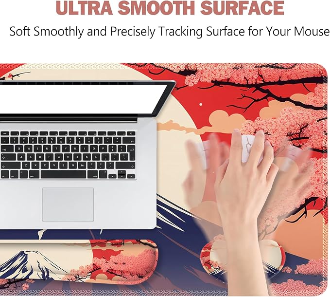 ToLuLu Large Mouse Pad Desk Pad Set, Wrist Rest Support Desk Mat for Keyboard Mouse, 4PCS 35.4”x15.7 XXL Giant Mouse Pad, Non-Slip Base Mousepad Office Desk Decor, Japanese Moon Red Cherry Blossom