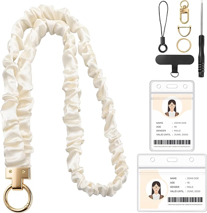 Prudiut Scrunchie Lanyard for ID Badges, Retractable Teacher Lanyards Black Stretchy Scrunchie Lanyard with ID Holder for Women (Beige)