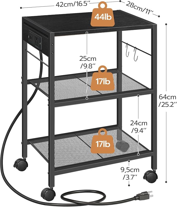HOOBRO Industrial Printer Stand, 3-Tier Mobile Printer Table, Rolling Cart with Power Outlets and USB Ports, Home Printer Stand with 2 Hooks, for Office, Living Room, Black BB22UPS01