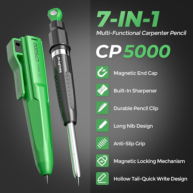 Nicpro CP5000 Magnetic Carpenter Pencils with Sharpener & Holster, 1 Pack | 2.8mm Construction Pencil+10 Refill, 7-in-1 Deep Hole Marker for Construction, Woodworking Pencil with Magnet Pickup Cap