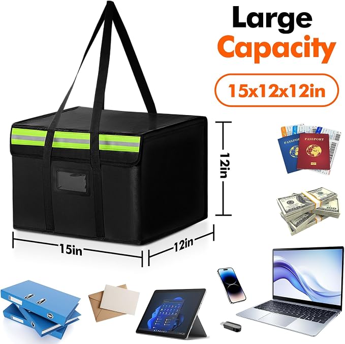 Large Fireproof Document Bag for Home Safe Storage, 15 x 12 x 12in, Black | 2000°F fireproof document box, 4-layer fiberglass important document storage for photo, file and cash with reflective strip