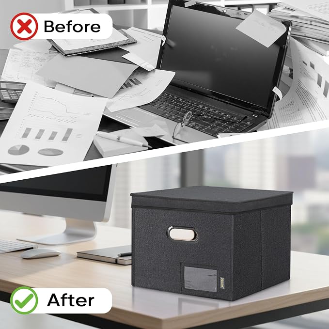 BALEINE File Organizer Box with Lid, Collapsible Hanging File Storage Box | Smooth Plastic Rails, Textured Fabric Exterior, Collapsible Hanging File Folder Box for Office Document Storage