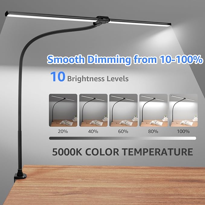 ShineTech LED Desk Lamp for Home Office, 5000K Bright Double Head Architect Task Lamps with Clamp, Dimmable Adjustable Flexible, Black