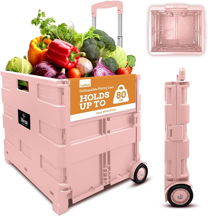 Ultra-Slim Rolling Collapsible Storage Pack-N-Roll Utility-carts, with Telescopic Handle, for Home, Garden, Shopping, Office, School use, Large, Raspberry Pink