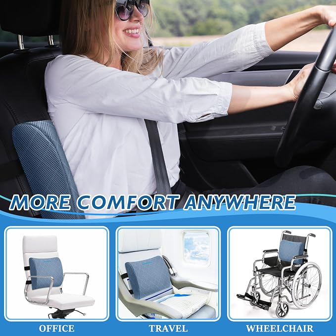 Lumbar Support Pillow for Office Chair, Back Support, Memory Foam, Light Blue