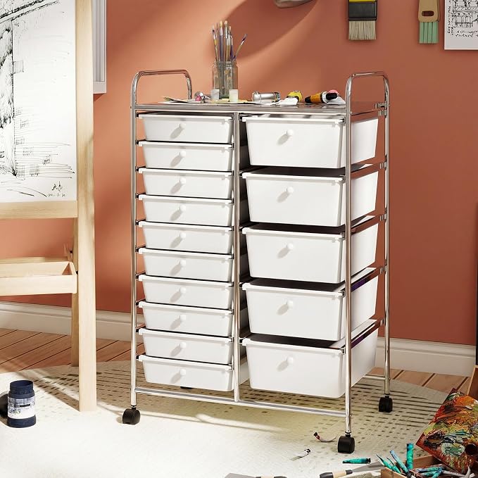 RELAX4LIFE 15-Drawer Rolling Storage Cart - Utility Cart with Metal Frame, Lockable Wheels & Removable Drawers, Multipurpose Art Craft Organizer for Home Office, Classroom (White)