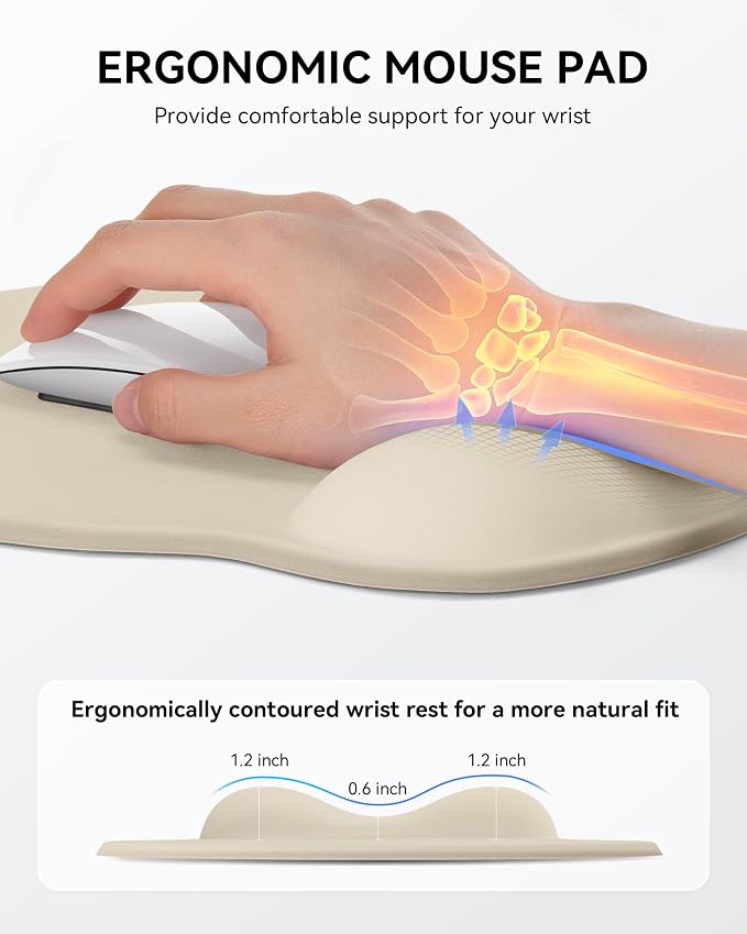 Mouse Pad with Wrist Rest for Desktop Large Ergonomic Mouse Mat(Beige) | 10.6''L x 9''W Size, Gel Wrist Support, Non-slip Base, Washable Surface, Laptop Mousepad