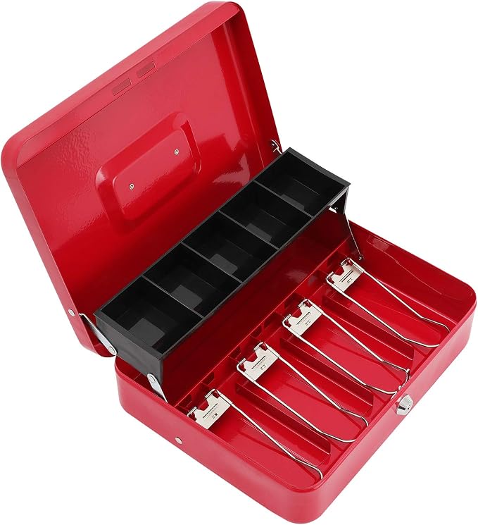 xydled Cash Box with Money Tray and Key Lock,Money lock box with Cash Tray,Safe Lock Box with Key,Tiered,4 Bill / 5 Coin Slots,11.8" x 9.5" x 3.5",Red