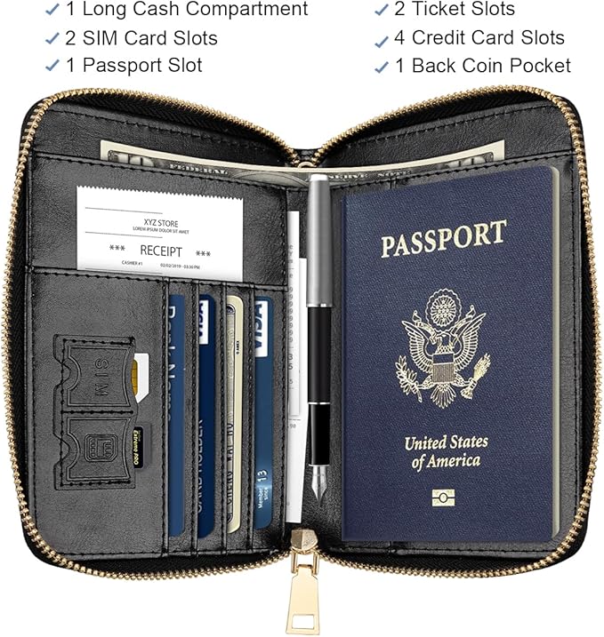 Passport Holder for Travel Personalized Wallet with Wristlet Women | Passport Cover, RFID Blocking, Passport Book Holders, Back Coin Pocket, Zipper Closure, Roses Initial Letter, Black H
