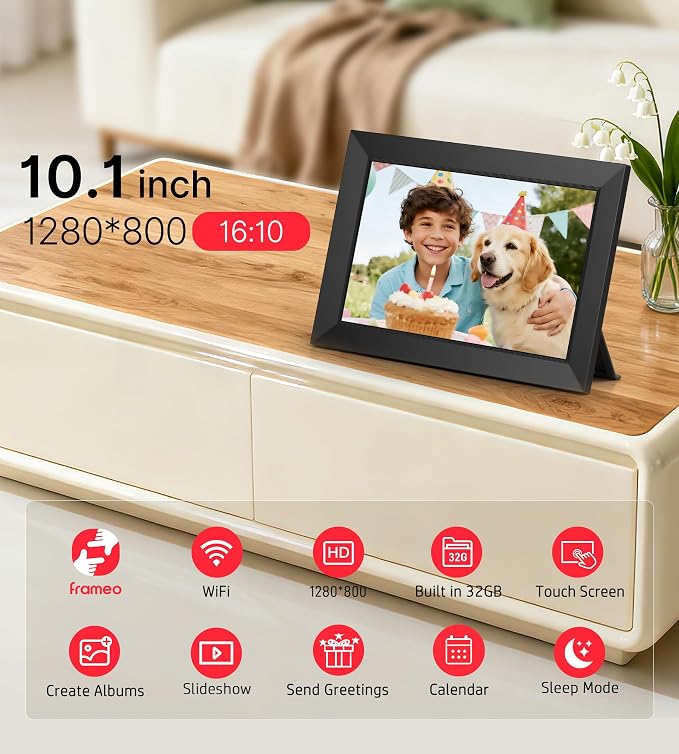 BIGASUO Digital Picture Frame, 10.1" Frameo Digital Frame WiFi with 32GB Memory, 1280x800 IPS Touch Screen, Send Photos/Videos from Your Phone Anywhere, Photo Gifts for Parents and Grandparents
