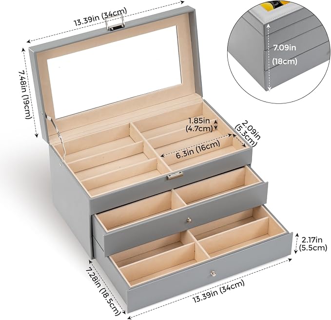ProCase 3-layer Sunglasses Storage Organizer, 18 Slots Leather Sunglass Box Multiple Pairs Eyeglass Cases Eye Glass Eyewear Display Holder for Men Women, Valentine's Day Gift -Grey