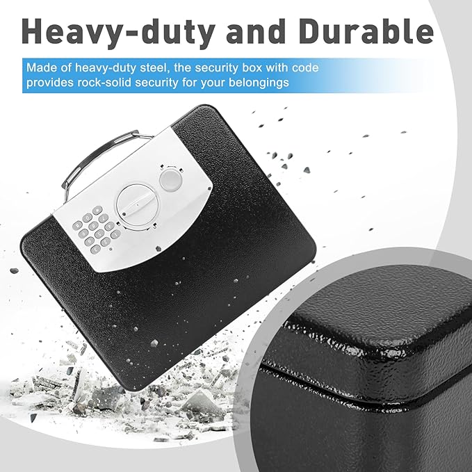 KYODOLED Safe Box with Digital Keypad Lock, Lock Box with Code for Personal Items, Metal Security Box for Cash, Passport, Jewelry, Ideal for Home, Office, Garage Sale, 11.8'' x 9.4'' x 3.5'', Black