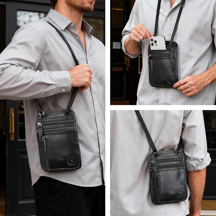 Polare Full Grain Leather Neck Wallet RFID Blocking Conceal Passport Holder Travel Pouch with AirTag Slot for Men