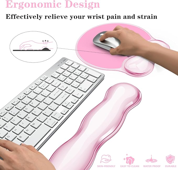 Gel Wrist Rest for Keyboard and Mouse Pad Set - Clear Pink | Ergonomic Cute Computer Keyboard Wrist Pad Support for Pain Relief, Non-Slip Desk Accessories for Office and Home