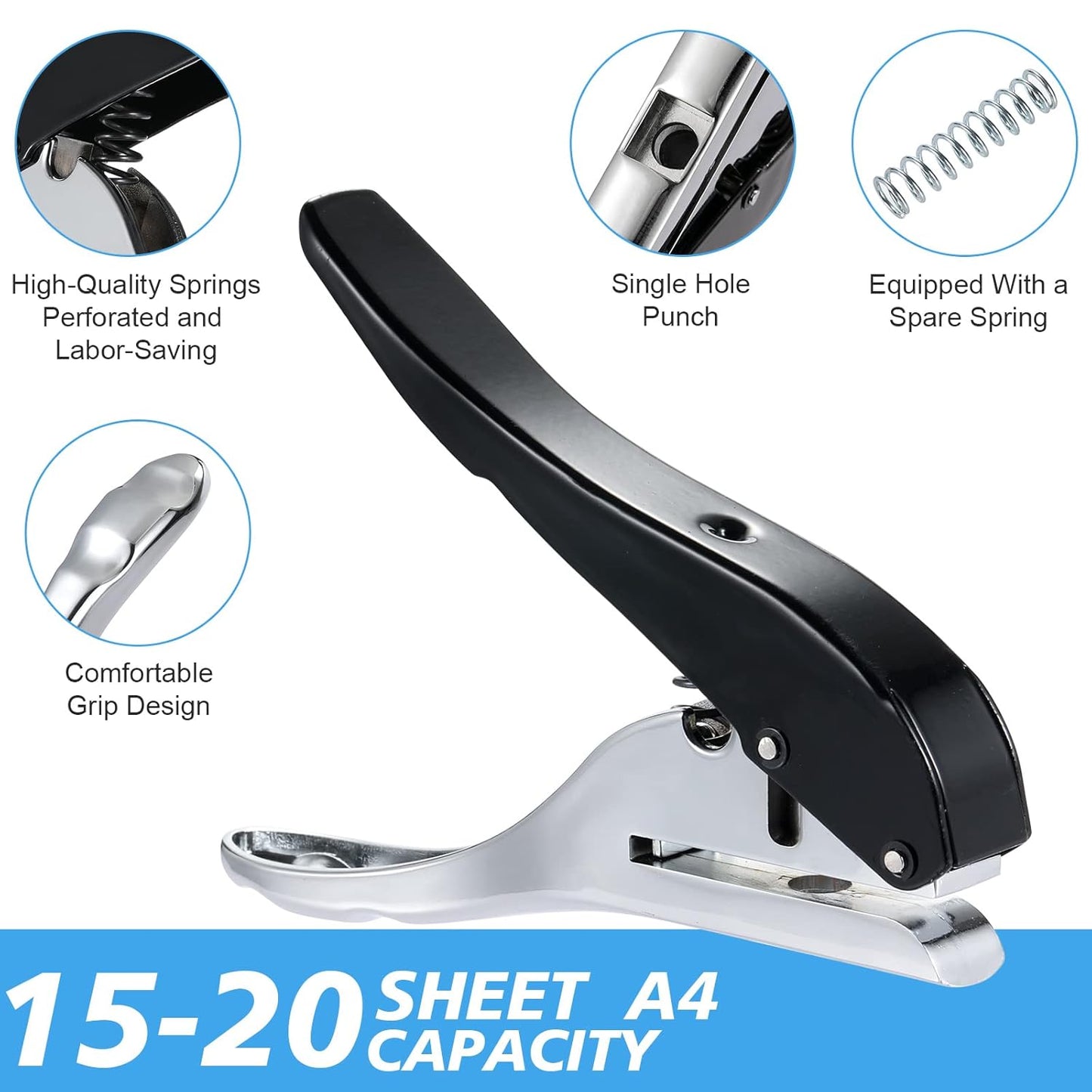 Heavy Duty Single Hole Punch - Portable Hand Held for Paper, Cards, Plastic & Cardboard (10MM Black)