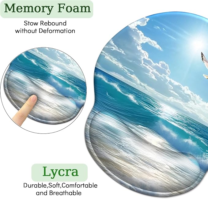 LIMKRIAN Beach Ocean Ergonomic Mouse Pad with Gel Wrist Rest, 9.8 x 8.6 in | Comfort Ergonomic Wrist Support, Non-Slip PU Base, Pain Relief, Funny Computer Mousepad, Cute Office Desk Accessories Decor