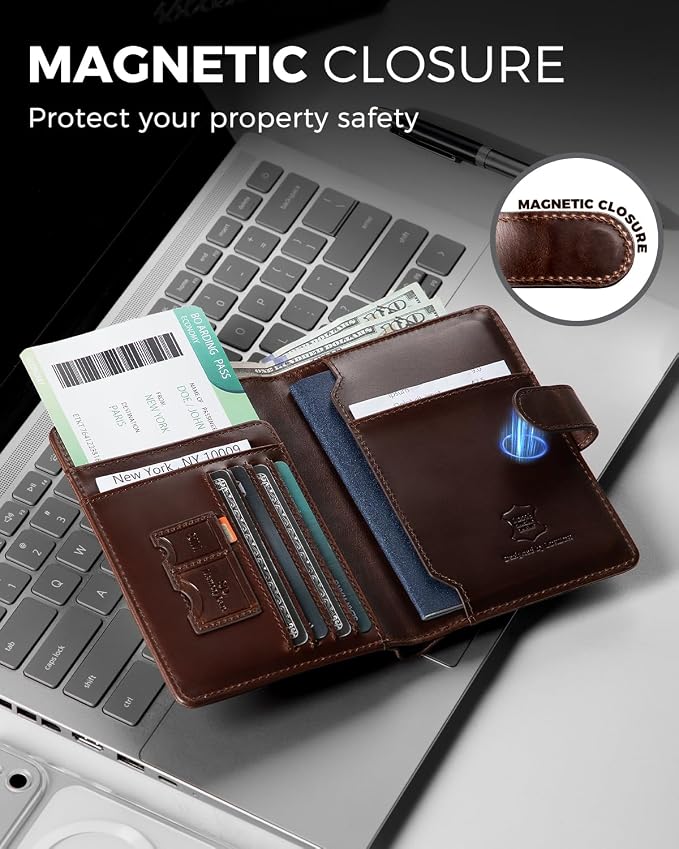 Passport Holder for Travel: Full Grain Leather Passport Cover with Airtag Holder Magnetic Buckle for Men - RFID Blocking Bifold Wallet for Air Ticket Card Cash Coin (Brown)